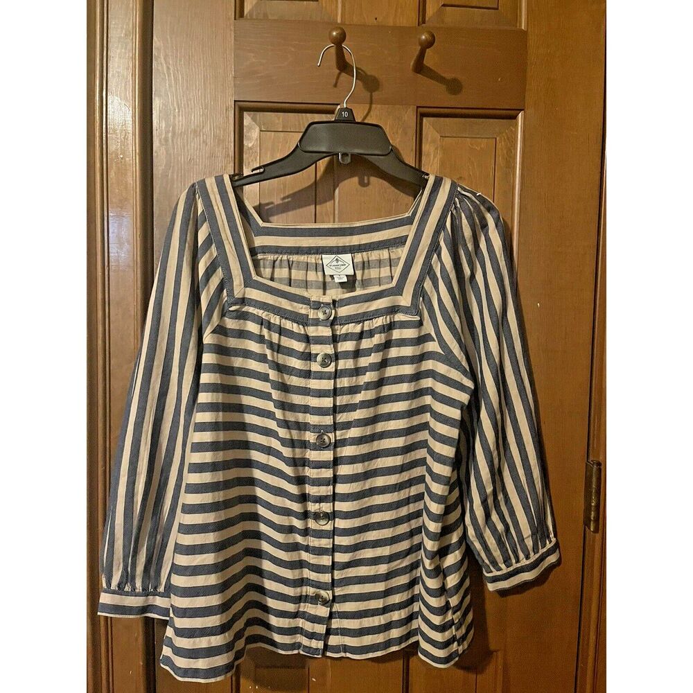 St. John's Bay Blouse Women's Size Small Stripped Button Up Shirt Top Blue Tan